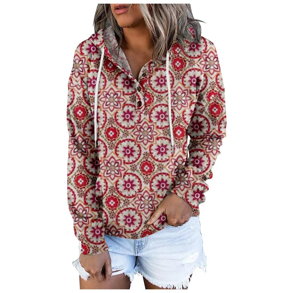 Long Sleeve Shirts For Women Lightweight Crewneck Loose Casual Print Hooded Draw Rope Pullover Tops