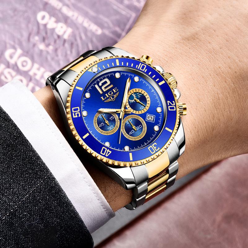 LIGE Top Brand Luxury Men Watch Business Stainless Steel Quartz Wristwatches Luminous Waterproof Watch for Men Clock Gift+Box
