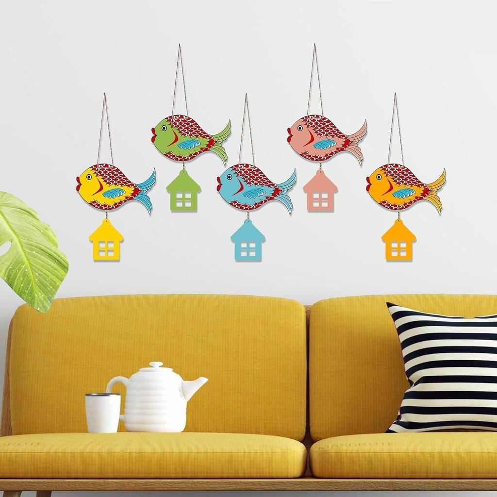 Vícebarevné rybičky dřevěná nástěnná dekorace pro domácí dekoraci | Zahrada balkon | Kancelář | Kavárna | Dekorativní závěs na dveře (Balení po 5)