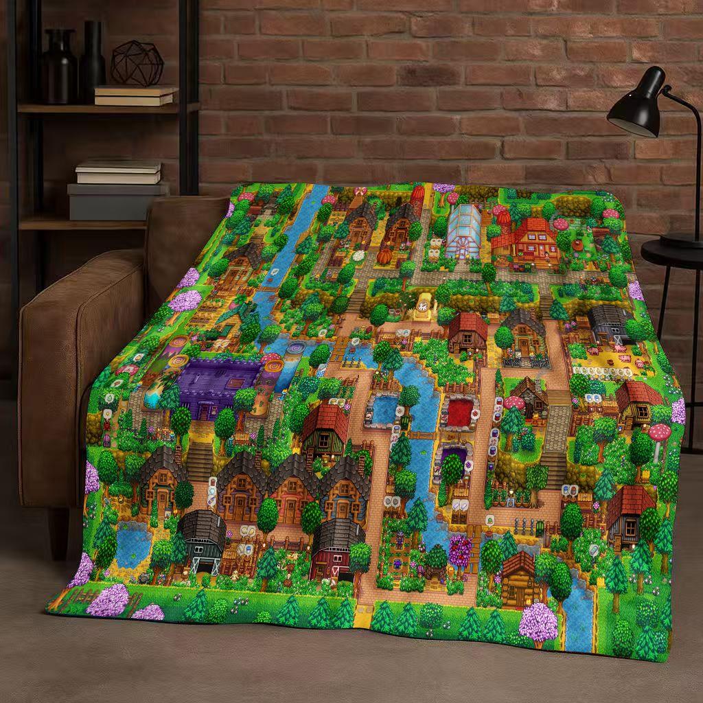 3D Retro Stardew Valley Farm Map Pixel Game Flannel Blanket,Ultra Soft Warm Plush Throw for Home Bedroom Bed Sofa Cover Kid Gift