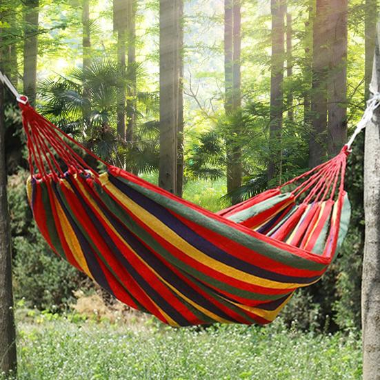 Outdoor Striped Hammock with Rope Bag, Portable Canvas Single Person Hammock, Tree Hanging Hammock for Camping Garden Patio Backyard Porch