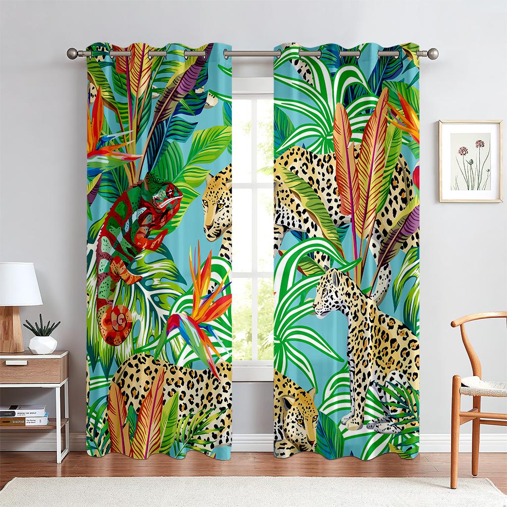 

Шторы с принтом животных в тропическом лесу, полузатемняющие, шторы с карманами на штанге для кухни, кафе, гостиной, украшения дома W50xH140(CM)x2PCS&Rod pocket