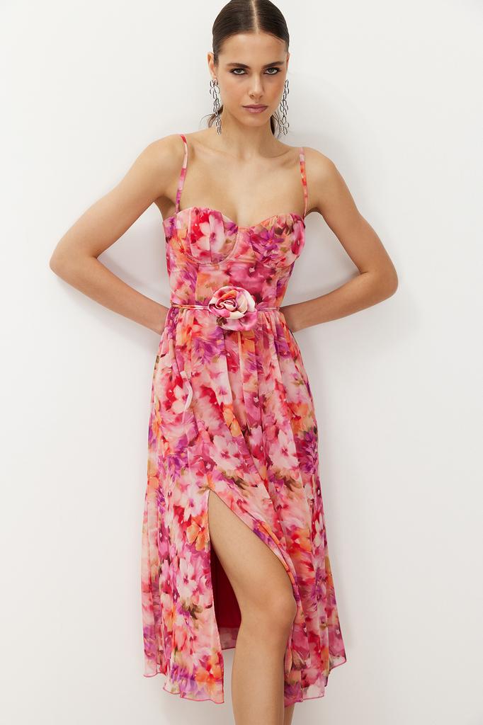 Women's Style Dress Multicolored A-Line Dress with Rose Detail