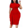 Women Fashion Elegant Slant Neck Short Sleeve Ruched Lace Up Solid Midi Dress