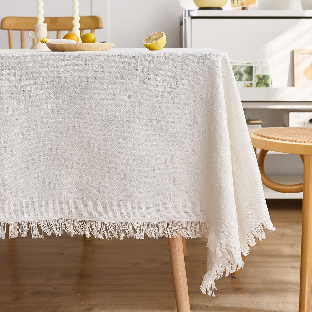 Französische Creme Baumwolle Leinen Tischdecke Waffelstruktur Rechteckig Esstischdecke Quastenrand Waschbar Bauernhaus Küche Couchtisch Abdeckung Dekoration