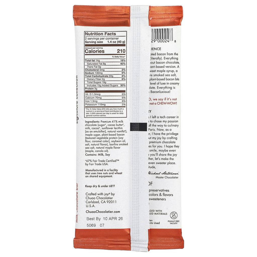 Chuao Chocolatier, Milk Chocolate Bar, B-Conluxious®, with Vegan Bacon, 80g (2.8oz)