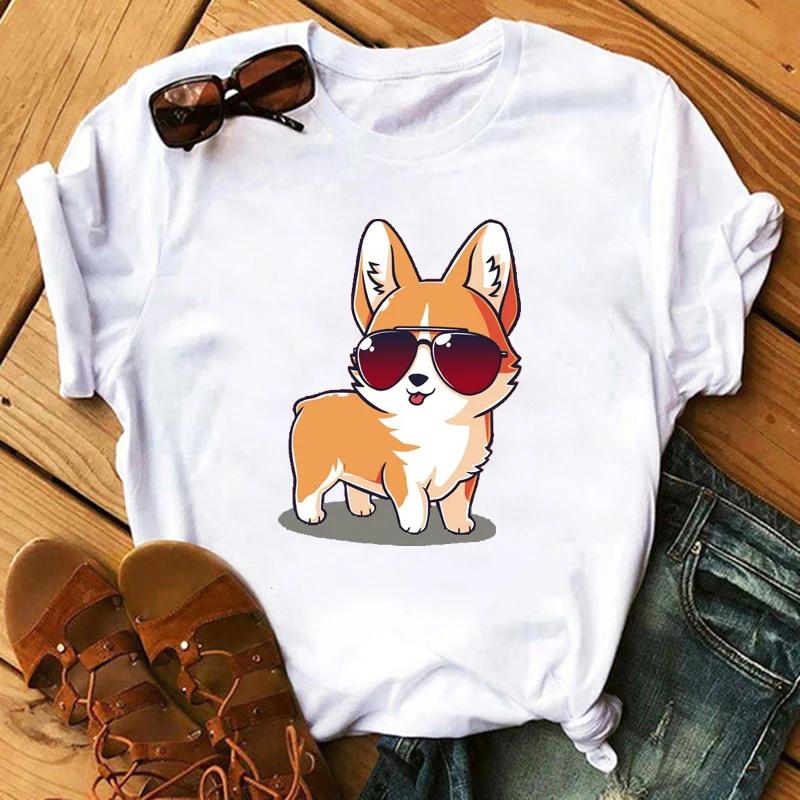 Maycaur Funny Cute Corgi Dog Printed TShirt Harajuku 90s Kawaii Women Short Sleeves T Shirts Tops Graphic Tees Female Tshirt