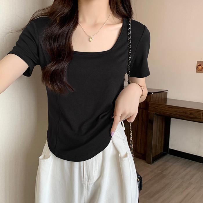 Women s Slim Fit Square Neck Fishbone Short Sleeve Tee - Trendy Summer Style Small чёрный