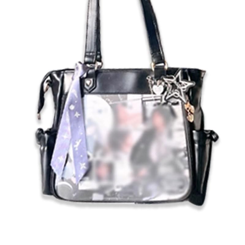 Seraphim Faux Leather Ita Bag with Side Pockets, Perfect for Otaku Activities, G.trigger, Ita Bag, Clear Bag, Transparent, Black [Parallel Import]
