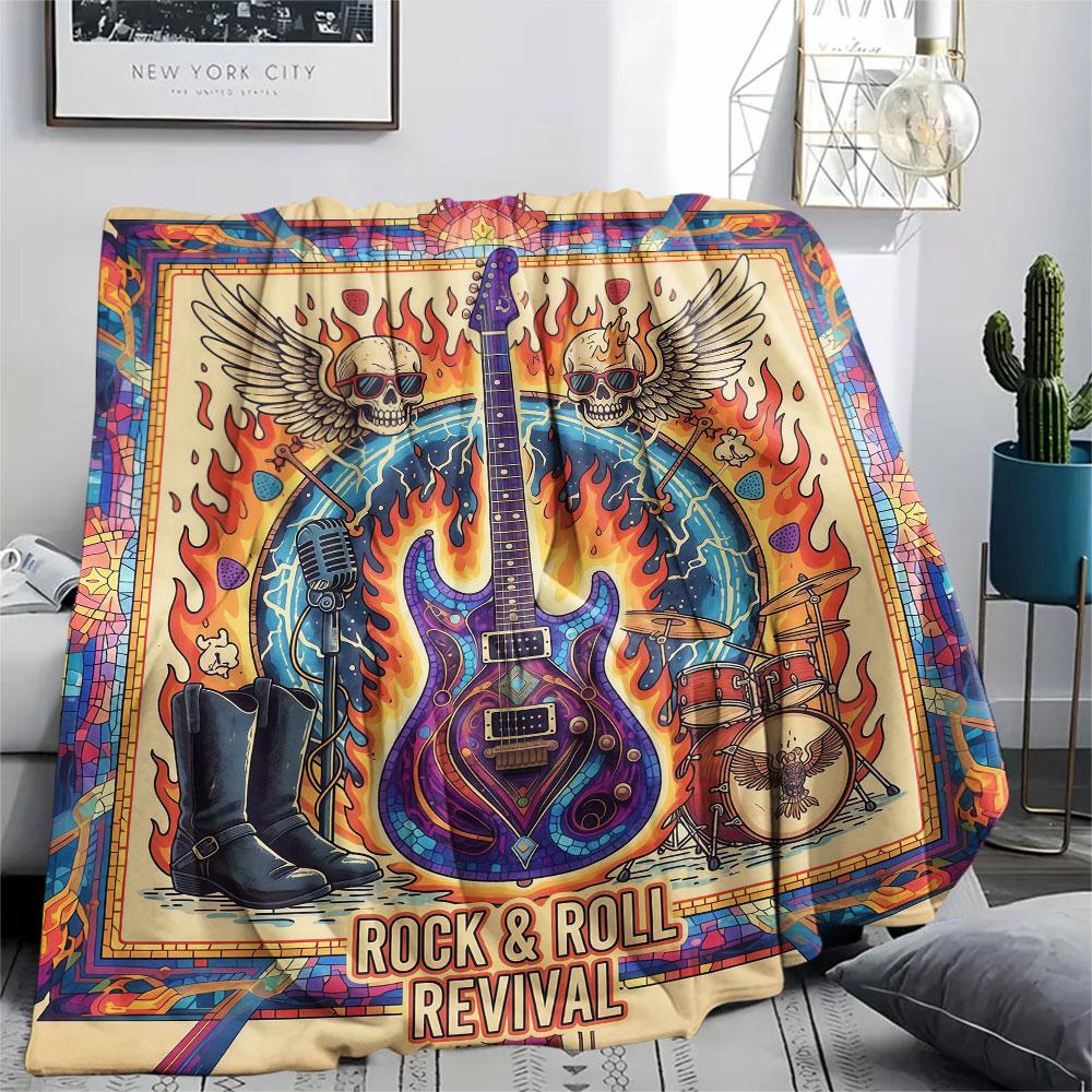 1Pc Vintageguitar Print Flannel Blanket, High quality Comfortable for All Seasons, Home Decor, Warmth and Comfort, Perfect for Christmas Gifts