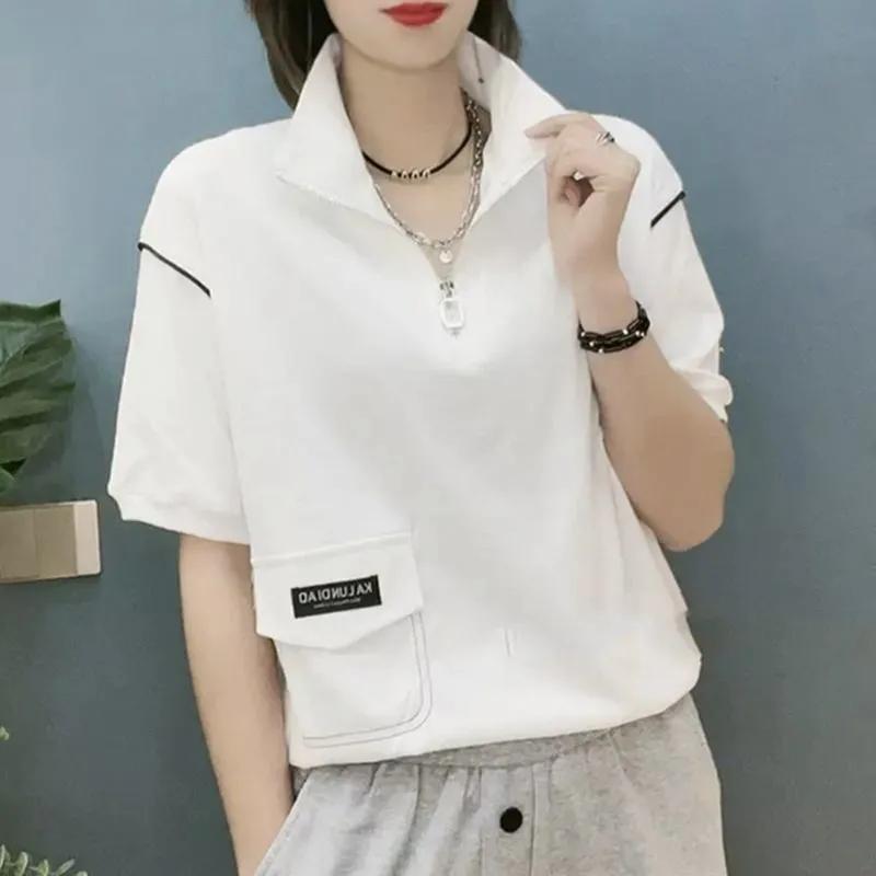 Women's Summer Oversized Half-Zip Stand Collar T-Shirt Design Short Sleeve Casual Top Y2K Style T-Shirt