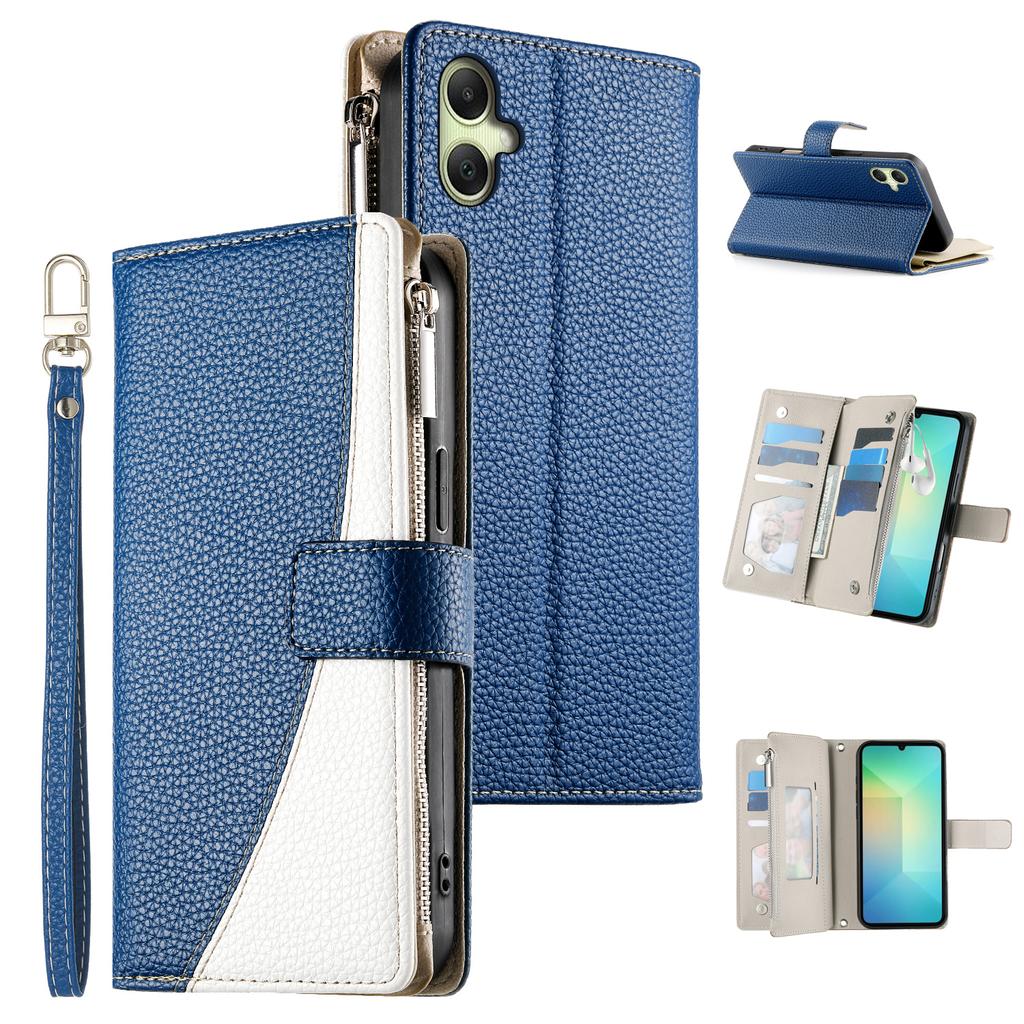 For Samsung Galaxy A07 4G Case Zipper Wallet Color Splicing Leather Flip Phone Cover with Straps