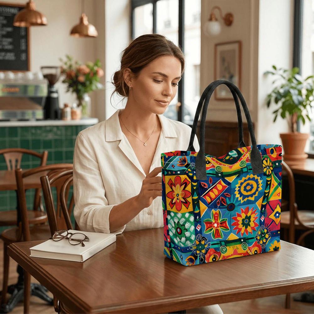 Borsa Tote in Tela Floreale Bohemien Colorata Borsa a Spalla Elegante Casual di Grande Capacità per Shopping Quotidiano Viaggio