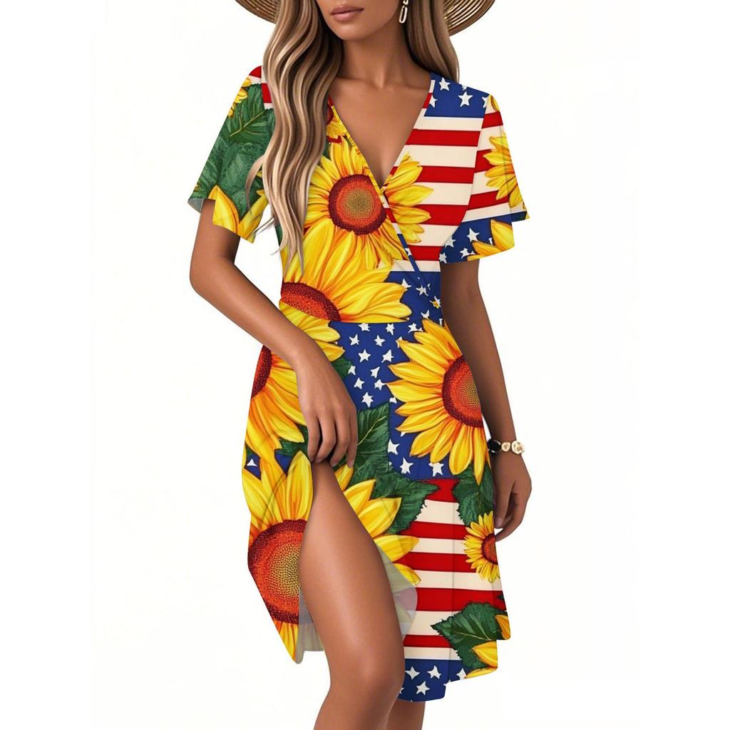 Dámské ležérní módní šaty Vintage květinové květinové šaty s krátkým rukávem a výstřihem do V