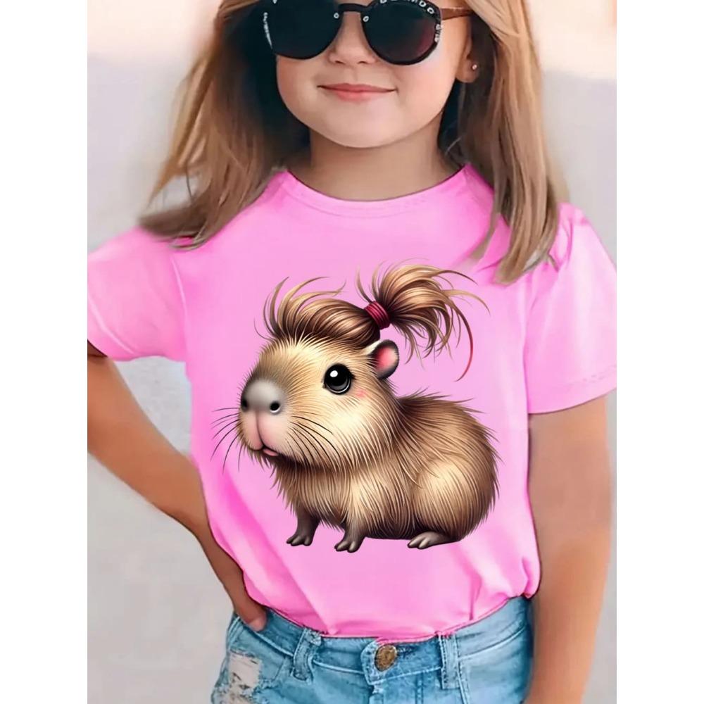 2026 Children's T-Shirt Cute Capybara Cartoon Print Casual Short-Sleeve Tee Summer Children Top O-Neck Fashion T-Shirt for Girls