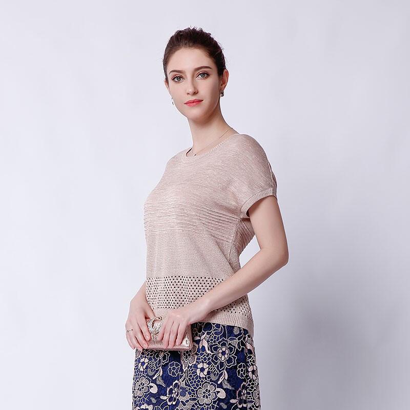 Anlom Women's Mulberry Silk Blend Short Sleeve Round Neck Knitted Top