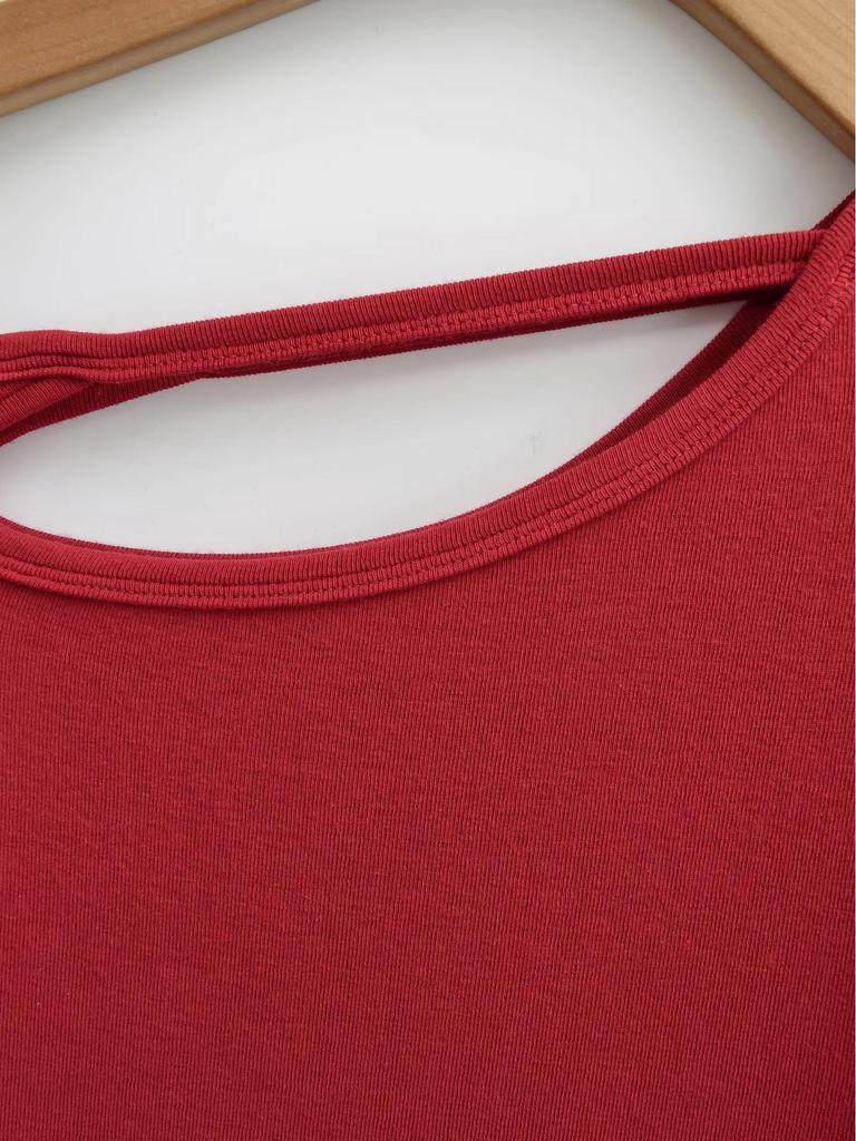 American Spicy Girl One-Shoulder Cutout Long-Sleeve T-Shirt: Slimming, Waist-Cinched, Irregular Cropped Top