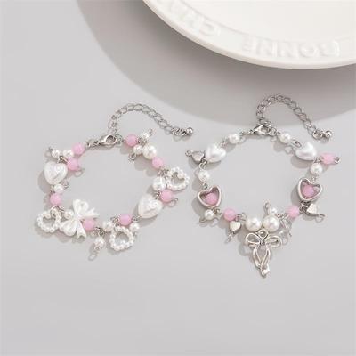 1/2 Pcs Bow Love Pendant Imitation Pearl Beaded Bracelet  Trendy Women Bracelet Girly Sweet Y2K Jewelry Accessories Gifts
