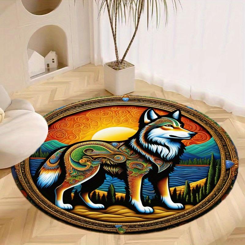S Golden Wolf Round Rug Nonslip Area Rug Office Chair Mat Carpet For Living Room Bedroom Home Decor