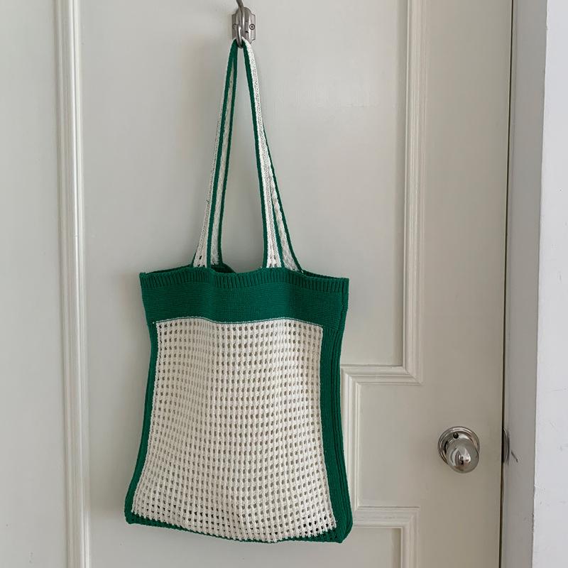 Simple Women's Vacati Beach Shoulder Bag Hollow Knitted Female Travel Tote Handbags Ctrast Color Portable Shopping Bags