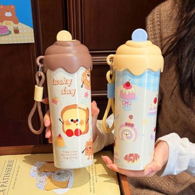 Cute Ice Cream Insulated Cup 600ml with Lanyard Vacuum Sippy Mug Stainless Steel with Straw Car Coffee Cup Gifts