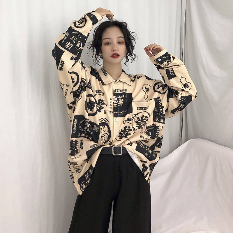 Harajuku Blouse Couple Shirt Women Men Clothing Blouses Bf Long Shirts Spring Autumn Turn-down Collar Casual Top