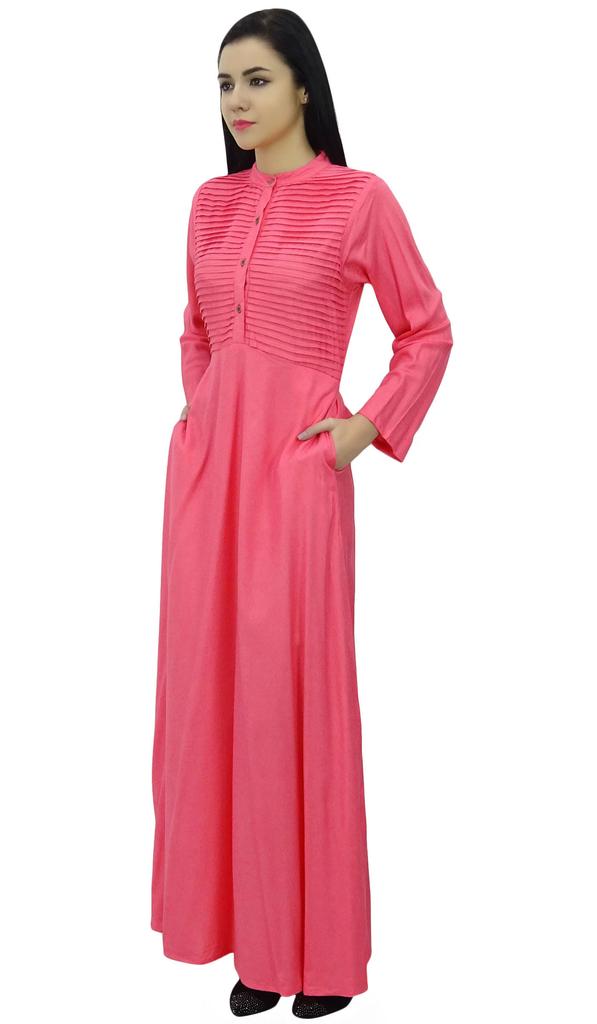 Bimba Women's Long Sleeve Maxi Mandarin Collar Plain Jilbab Dress With