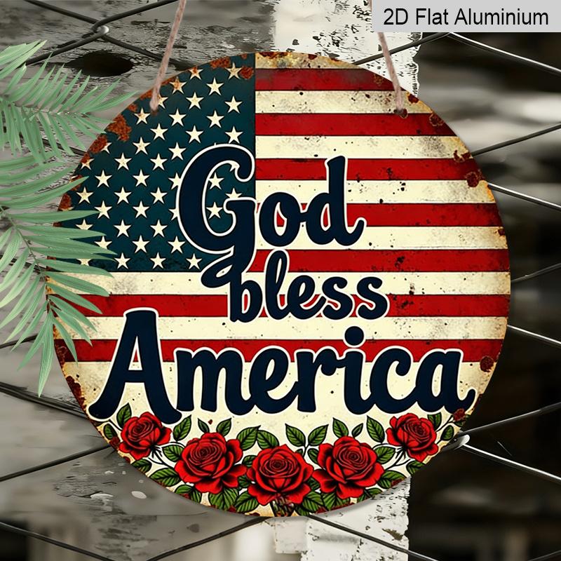 2D Flat, 1pc Heavy-Duty Retro God Bless America Round Metal Sign - Vintage Aluminum Wall Decor Suitable for Home, Office, Garage, 4th of July Gift
