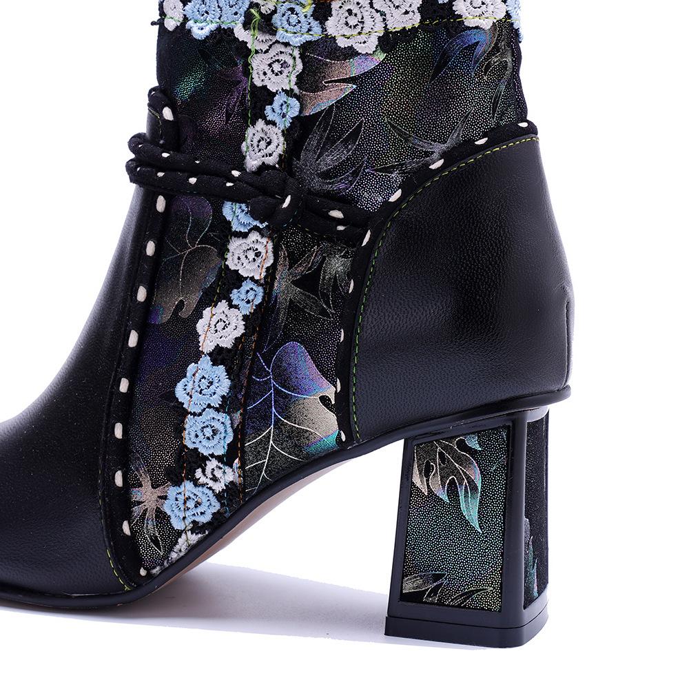 Johnature Genuine Leather Short Boots Handmade Retro Lace Square Toed Thick Heel Women's Boots