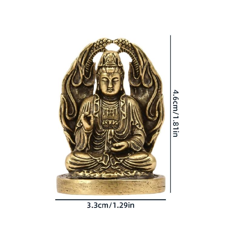 Metal Bodhisattva Sculpture with Aged Finish and Integrated Round Base for Desk, Windowsill, Tea Table, Entryway, or Shelf Placement
