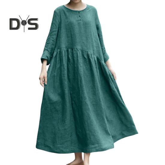 

Женское хлопковое льняное платье макси с длинными рукавами, застежкой на пуговицы, круглым вырезом, длинным платьем с карманами, свободного покроя, свободного покроя, пляжный сарафан большого размера M