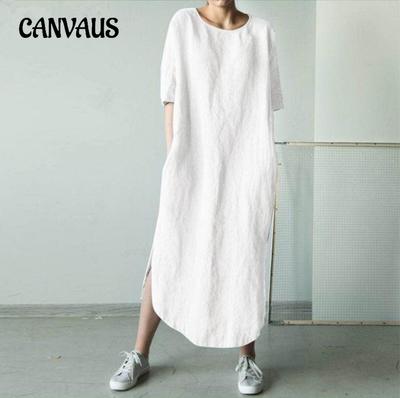 Vestito estivo da donna taglie forti, scollo tondo, mezza manica, tinta unita, spacco laterale, a metà polpaccio