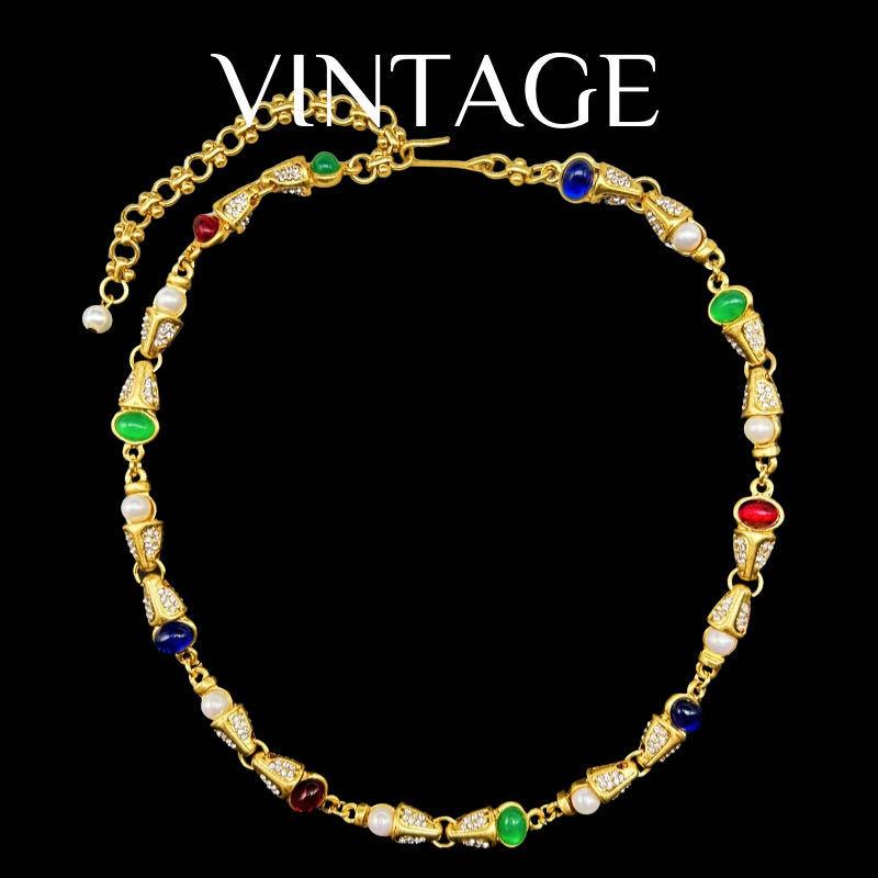 Vintage Electroplated Genuine Gold Fully Inlaid With Glass Contrasting Colors Heavy Industry Temperament Pearl Necklace Earring Set