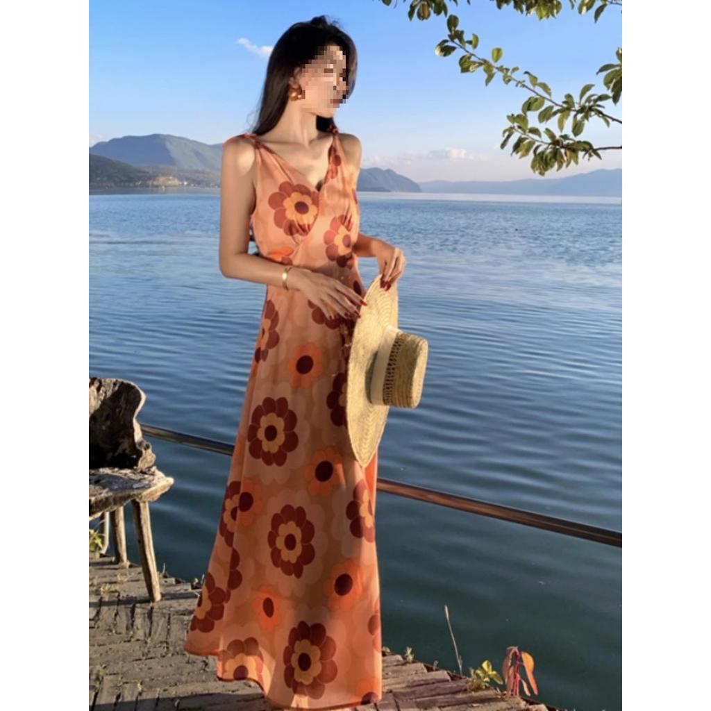 Casual Fashion Temperament Wear Seaside Vacation Print V-neck Suspender Dress Bohemian Beach Dress Summer Tide
