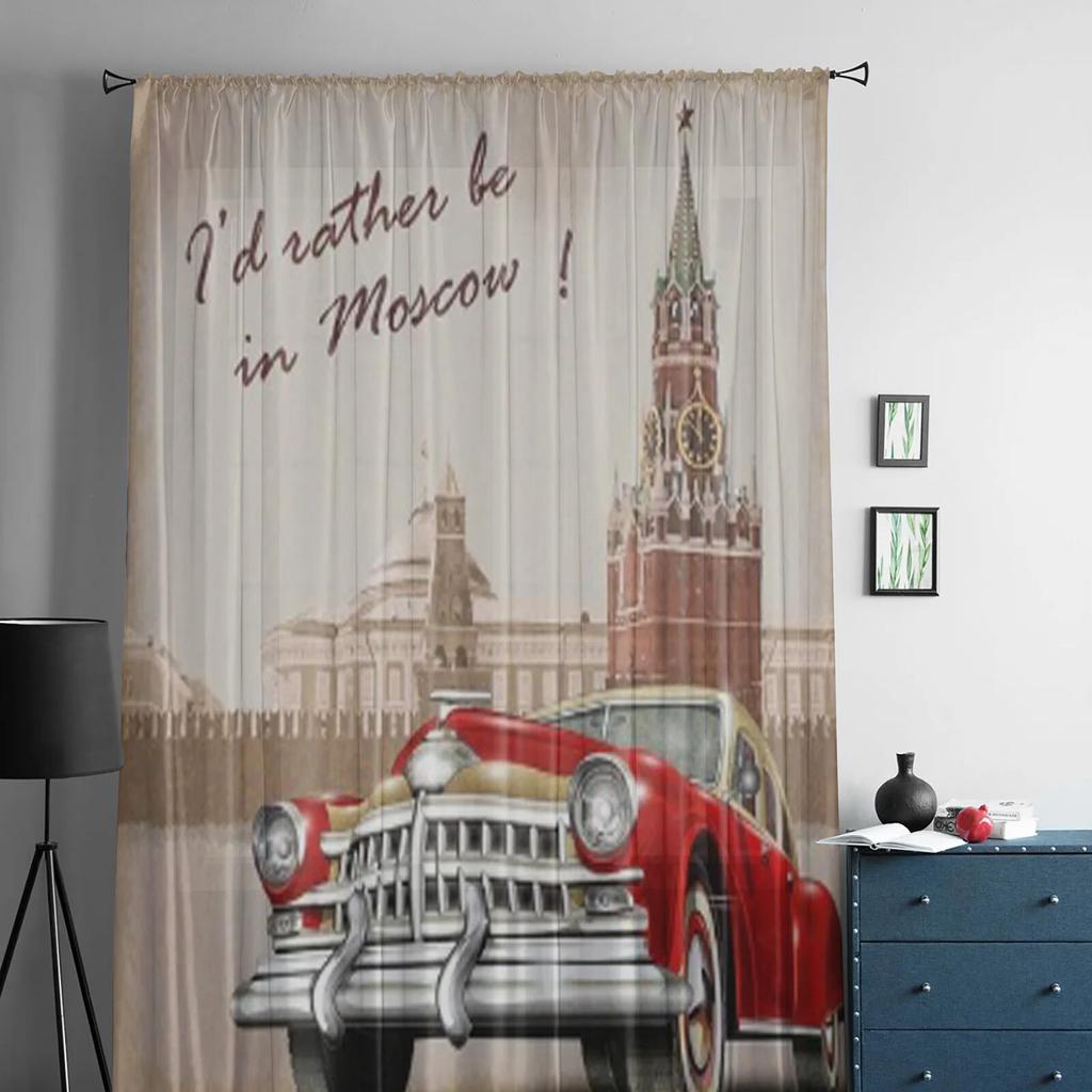 Moscow Vintage Poster Tulle Sheer Window Curtains For Living Room The Bedroom Modern Chiffon Voile Organza Curtains Decor Drapes