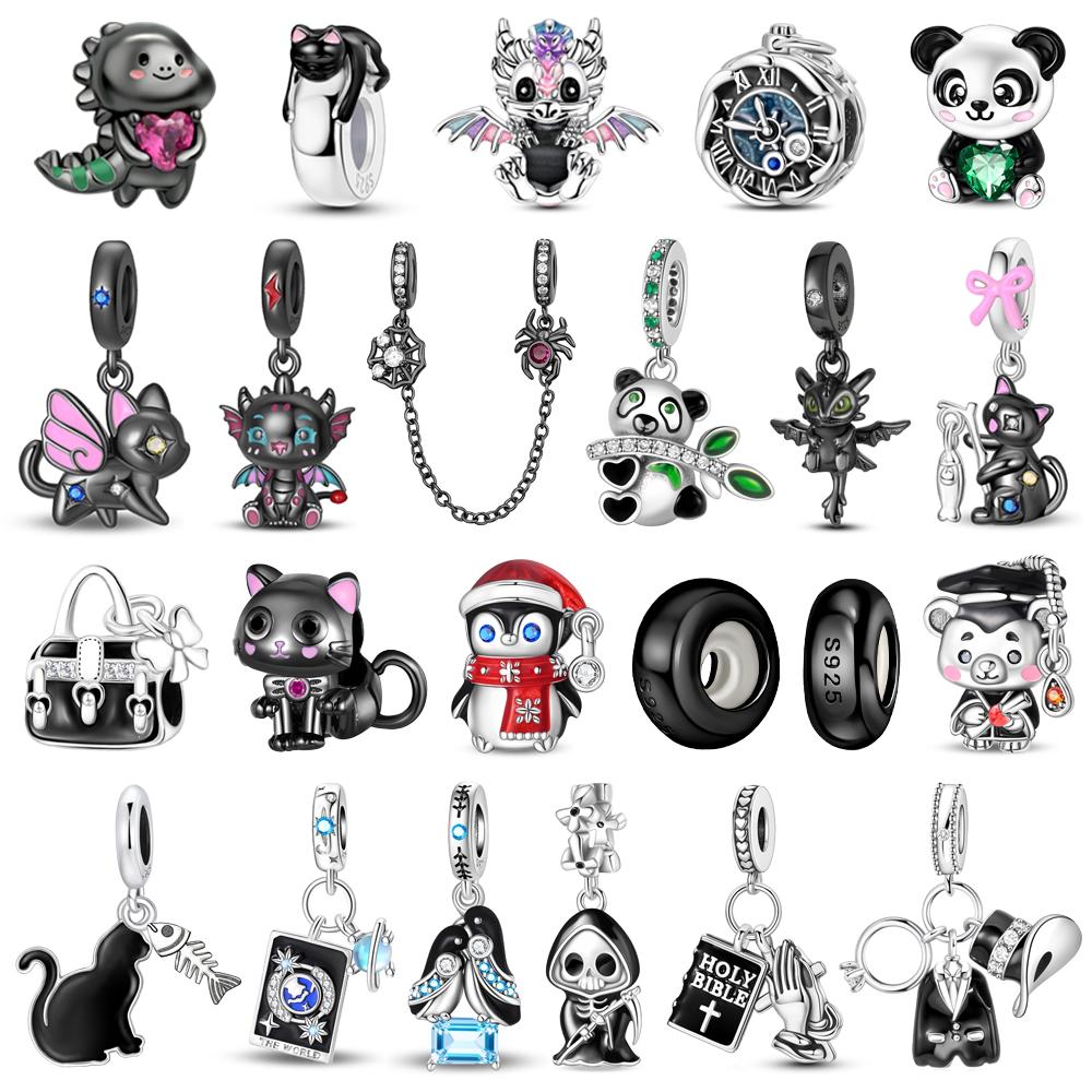 925 Silver Cute Panda Penguin Charm Snake Bracelet Necklace Black Pendant Gift for Women Girls