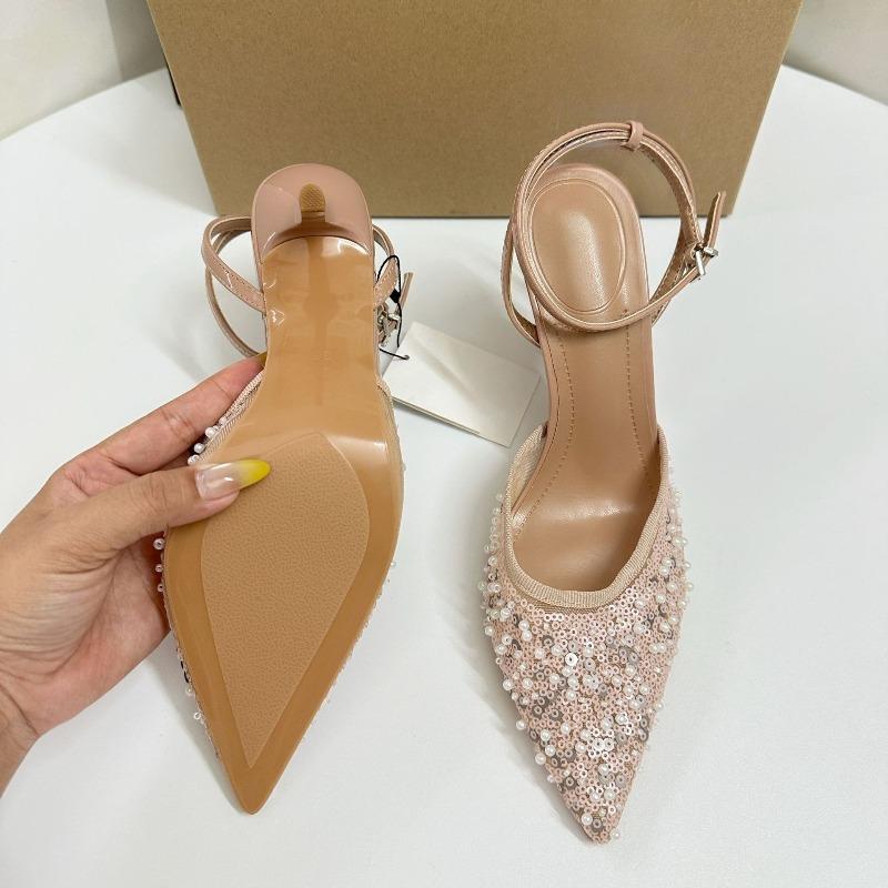 Luxury Pearls Sequined Mesh Women Pumps Sexy Ankle Strap Pointed Toe Wedding Evening Party High Heels Shoes for Ladies