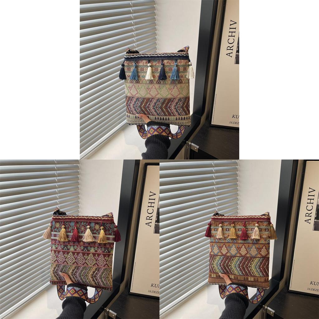 Ethnic Style Shoulder Bag For Women With Woven Fabric And Tassel Decoration For Daily Use