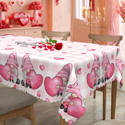 Pink Plaid Heart Pattern Tablecloth, Dwarf Cartoon Rectangular/Round Dining Table Cloth, Waterproof Coffee Table Cover