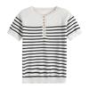 Striped Round Neck Eight-button Knitted Short-sleeved Womens Summer Breathable Sweat-absorbing T-shirt Comfortable Fit and Simple Versatile Top