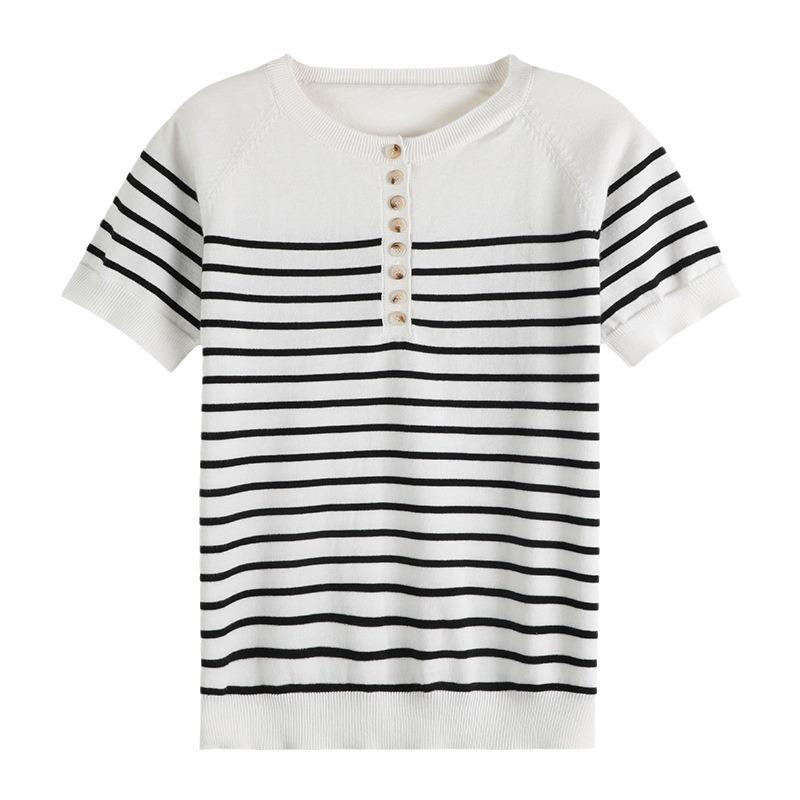 Striped Round Neck Eight-button Knitted Short-sleeved Womens Summer Breathable Sweat-absorbing T-shirt Comfortable Fit and Simple Versatile Top