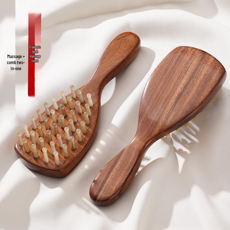 Curved Handle Ox Horn & Sandalwood Massage Comb with Pin Teeth for Men and Women
