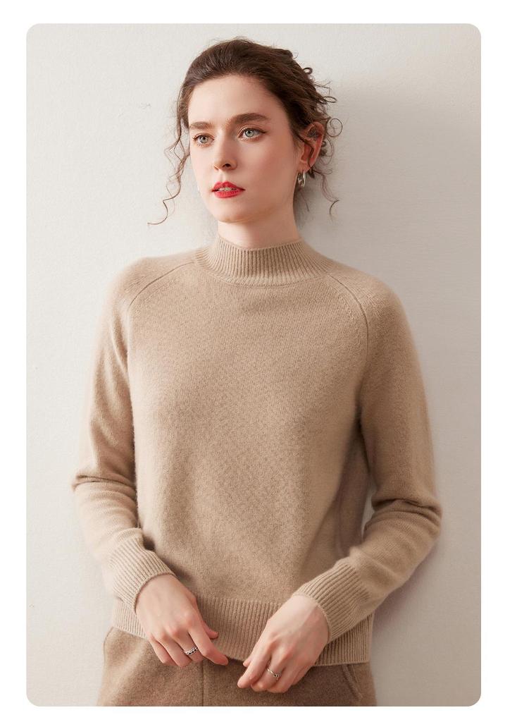 Women's Korean Style Cashmere Sweater: Half-High Collar, Solid Color, Short Raglan Sleeve, Perfect for Autumn and Winter