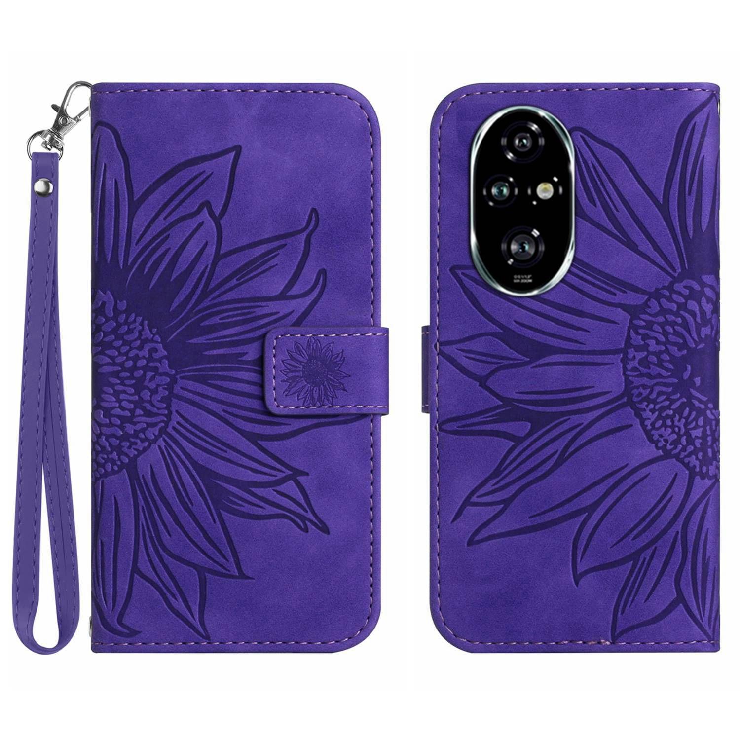 

HT04 For Honor 200 Pro 5G Case Sunflower Leather Phone Cover with Hand Strap Dark Purple
