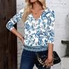 Women's Fashion Casual V-Neck Three-Quarter Sleeve Print Top
