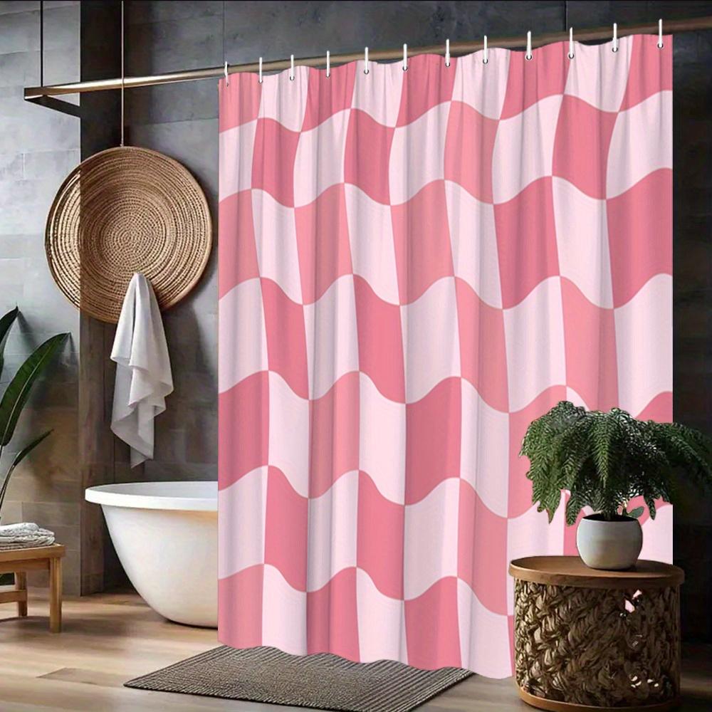 Modern Geometric Shower Curtain Pink and White Wavy Checkered Design Stylish Bath Curtain for Girls’ Room and Contemporary Decor