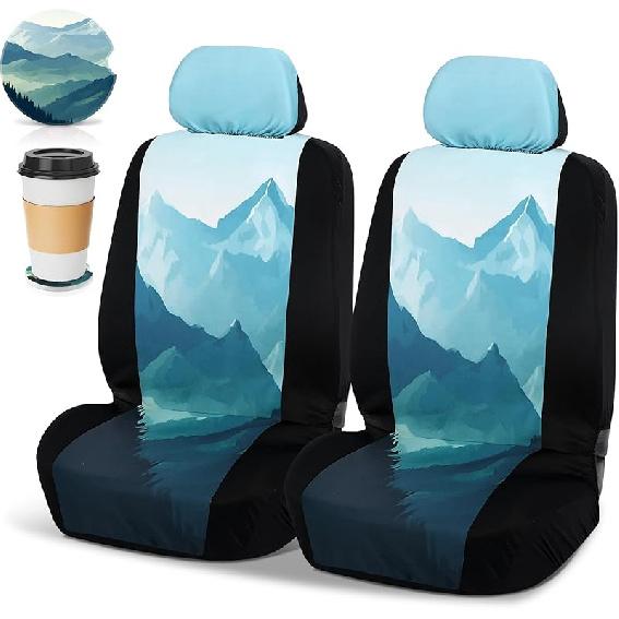 Tallew 2 Sets Of Mountain Car Seat Covers For Front Seats With Matching Headrest Covers Absorbent Car Cup Coasters With Finger Notch Fits For Most