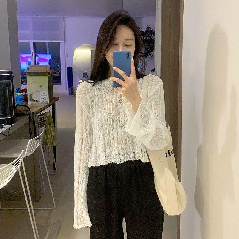 Korean Niche Candy Color Crew Neck Pullover Hollow Out Sun Protection Cover Up Loose Versatile Short Knit T-shirt