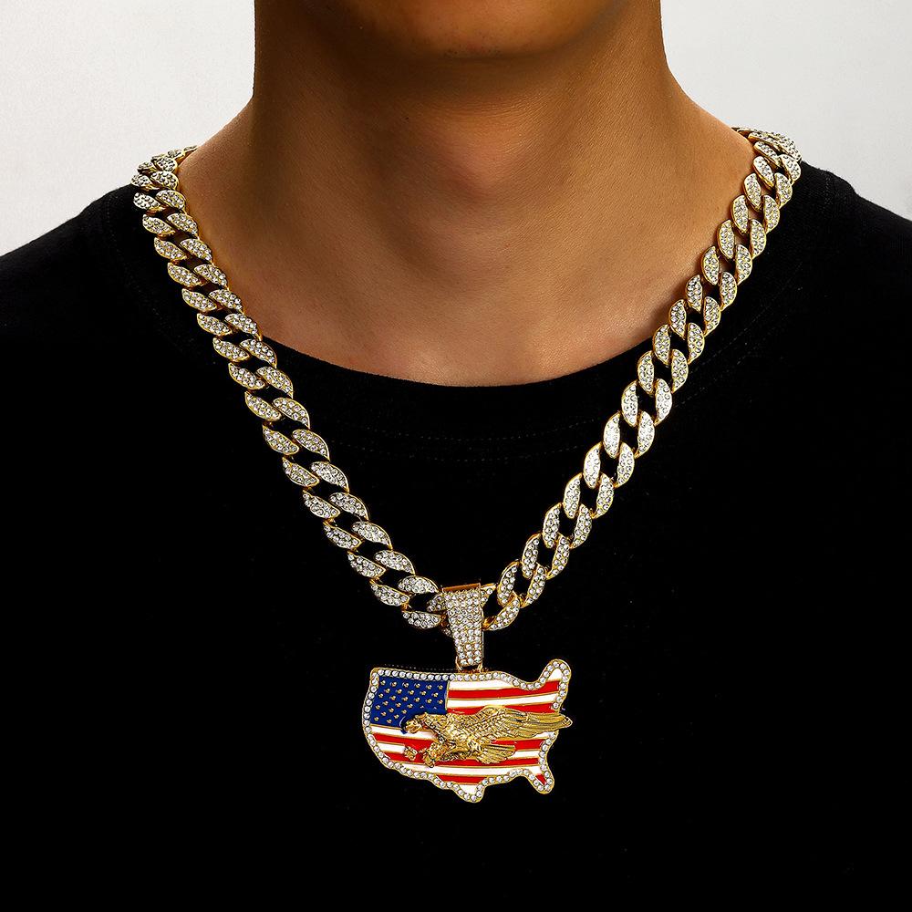 American Flag Drip Oil Full Diamond Alloy Pendant American Independence Day Hip Hop Necklace Men's Necklace Jewelry