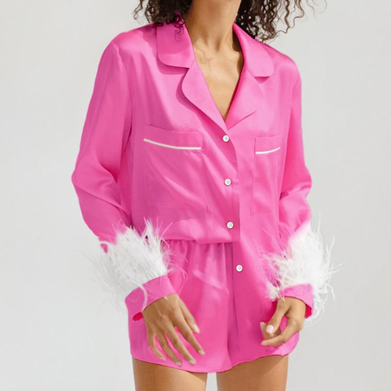Women Satin Pajamas Set Lady Sleepwear Female Pajamas Suit Silk Nightwear Home Clothes Feather Cuff